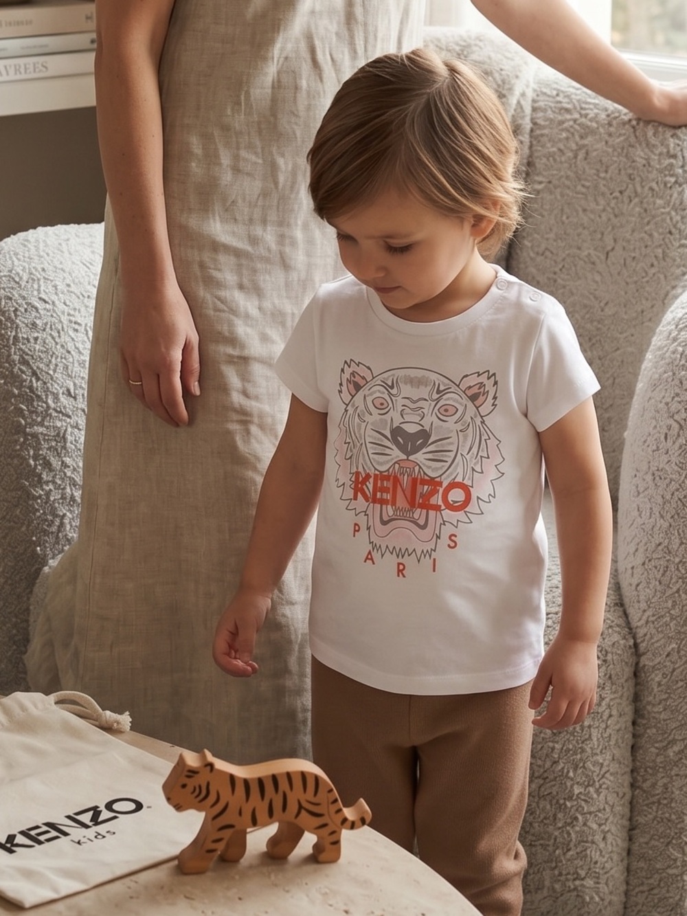 Kenzo White Short-Sleeve Tee with Orange Tiger Graphic